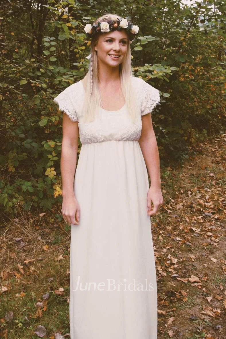 V-Neck Short Sleeve Chiffon Wedding Dress With Lace And Bow