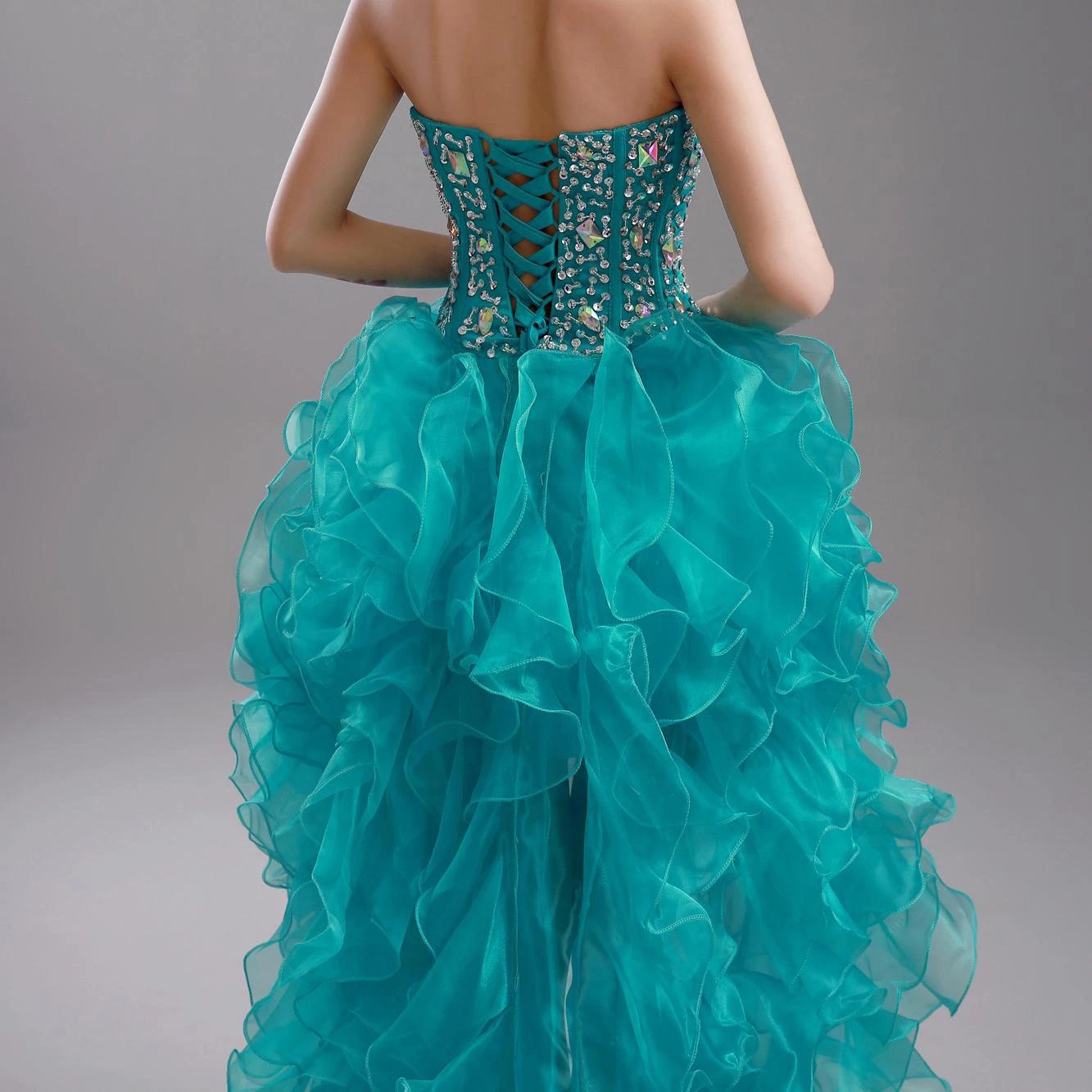 Sexy Ruffles Crystals Hi-Lo Prom Dress Sweep Train Sweetheart