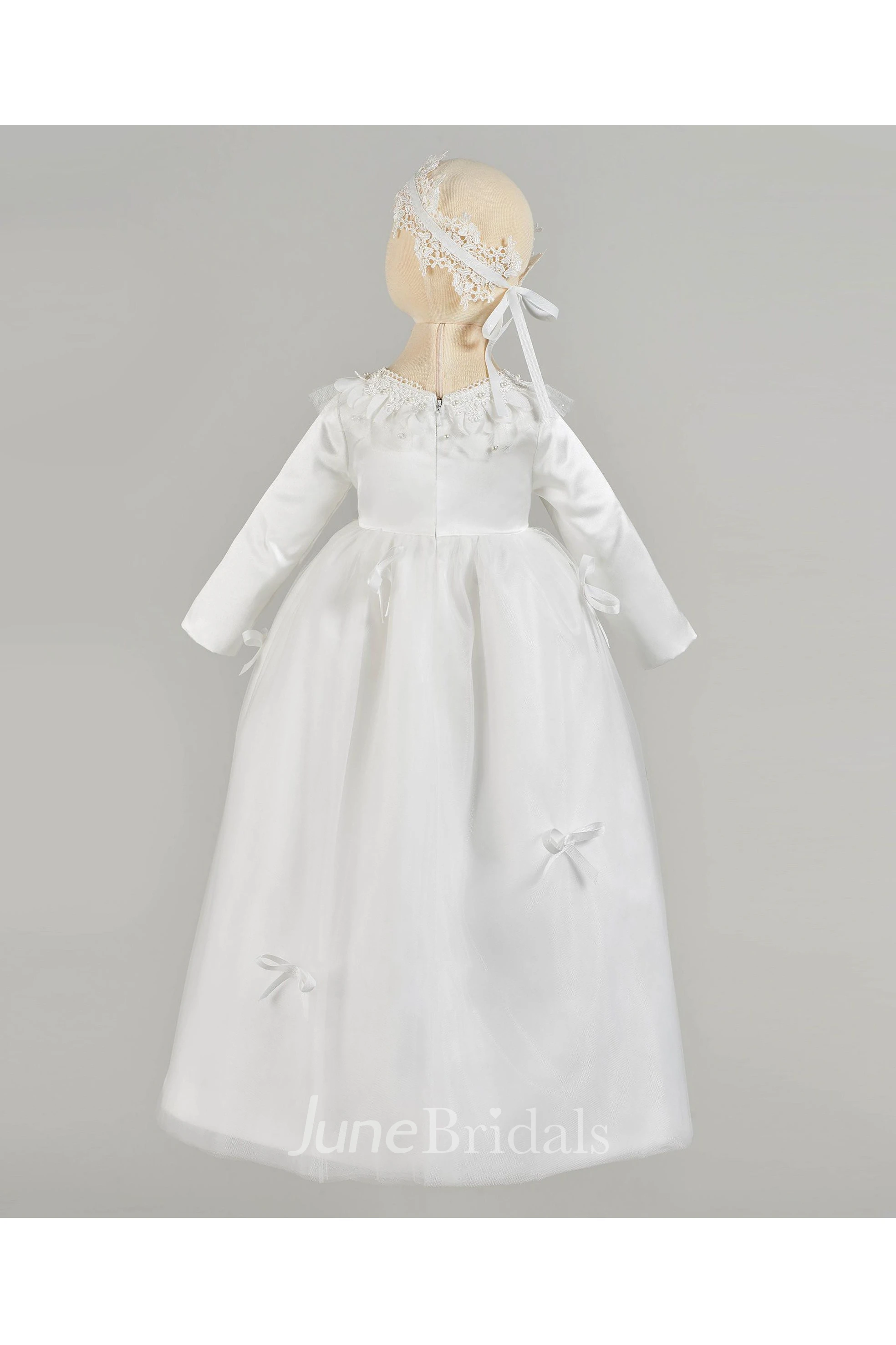 Simple Circular Ruffle Collar Christening Gown With Bows