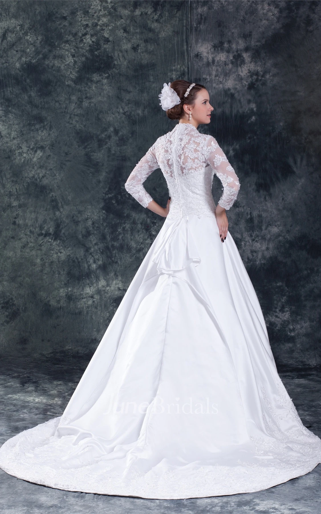 scalloped-neck long-sleeve ball a-line lace gown with court train