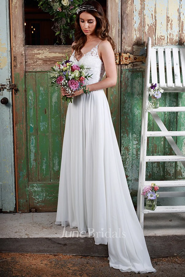 Pleated Spaghetti Long Chiffon Wedding Dress With Appliques And Illusion