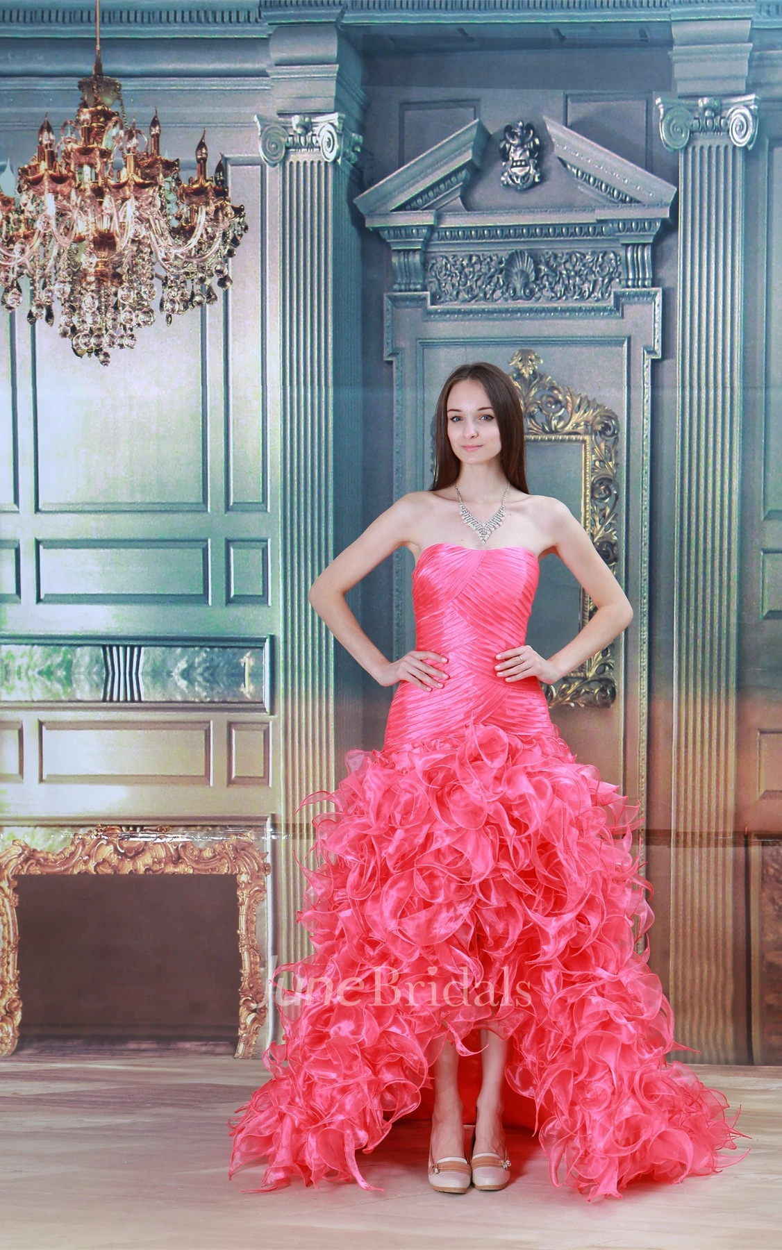 strapless front-split a-line gown with ruching and ruffles