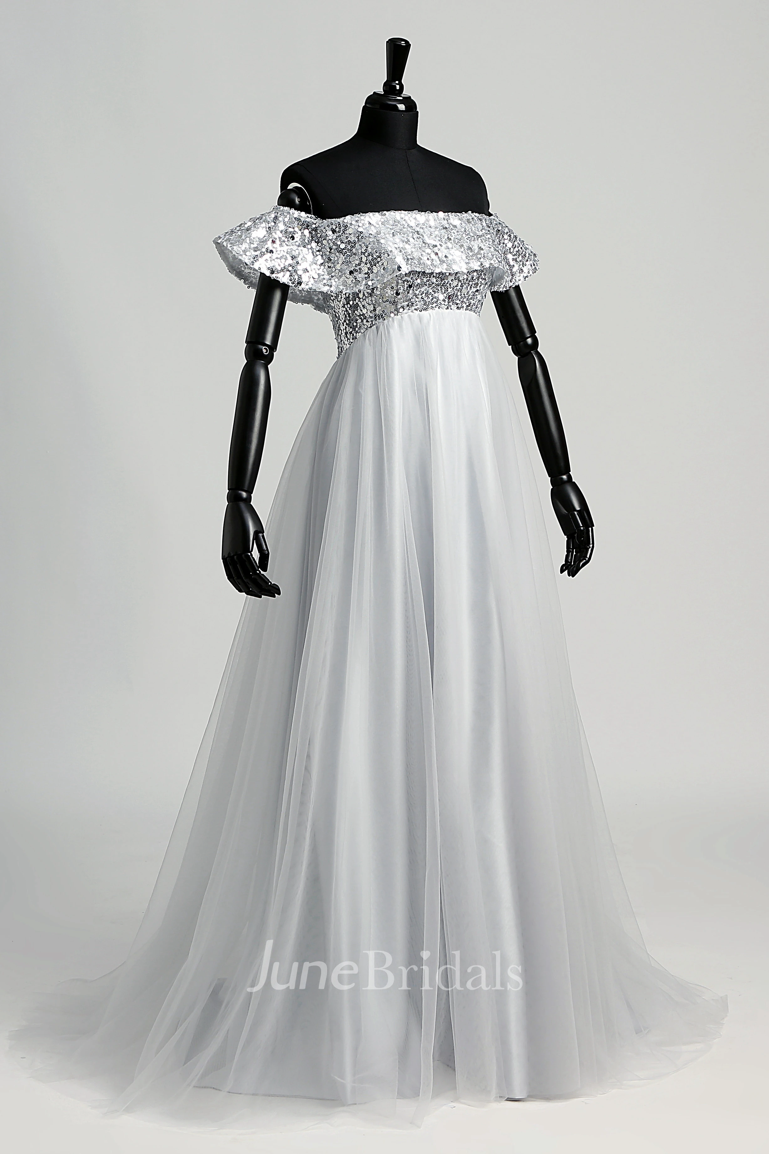 Strapless Sequined Bodice Empire Pleated Tulle Dress