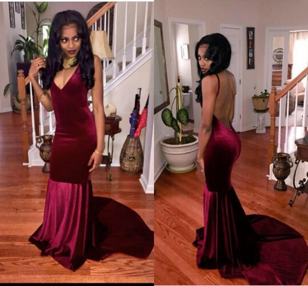 Stunning V-Neck Sleeveless Prom Dresses Burgundy Mermaid Long Evening Gown