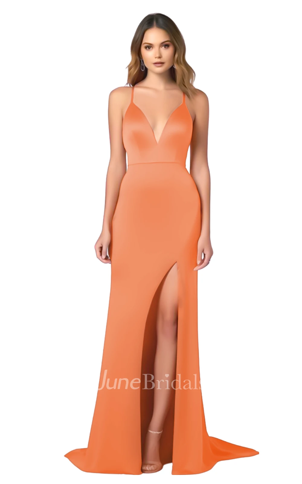 Modern A-Line Spaghetti V-neck Satin Bridesmaid Dress with Split Front