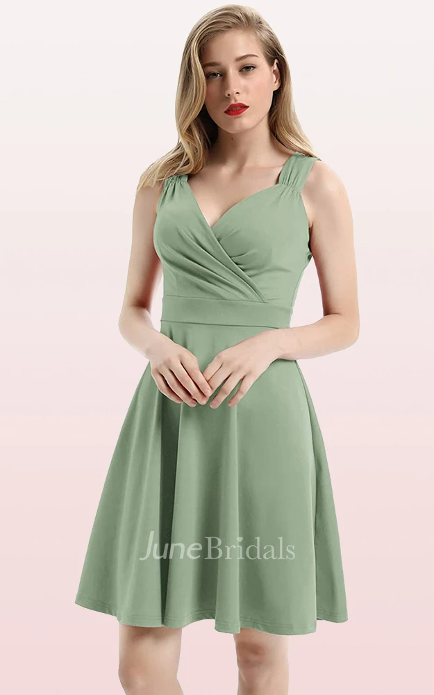 A Line V-neck Jersey Sleeveless Prom Cocktail Dress With Ruffles