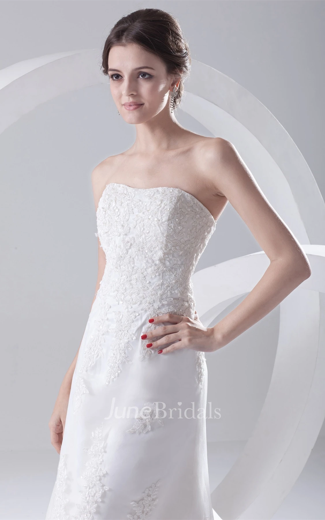 lace high-low strapless dress with crystal detailing