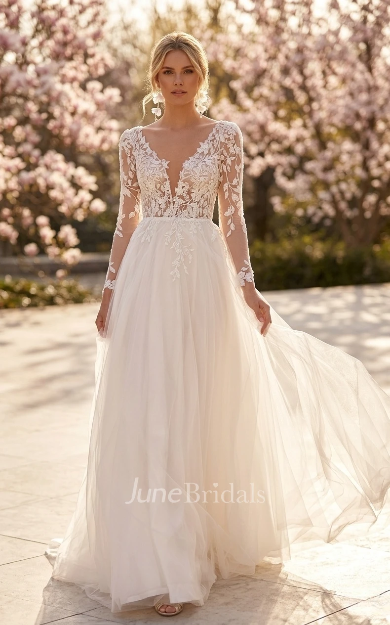 Princess Floral A-Line Bohemian Long Sleeve Maxi Spring Wedding Dress Elopement Sexy V-Neck Low Back Sweep Train Beach Castle Bridal Gown