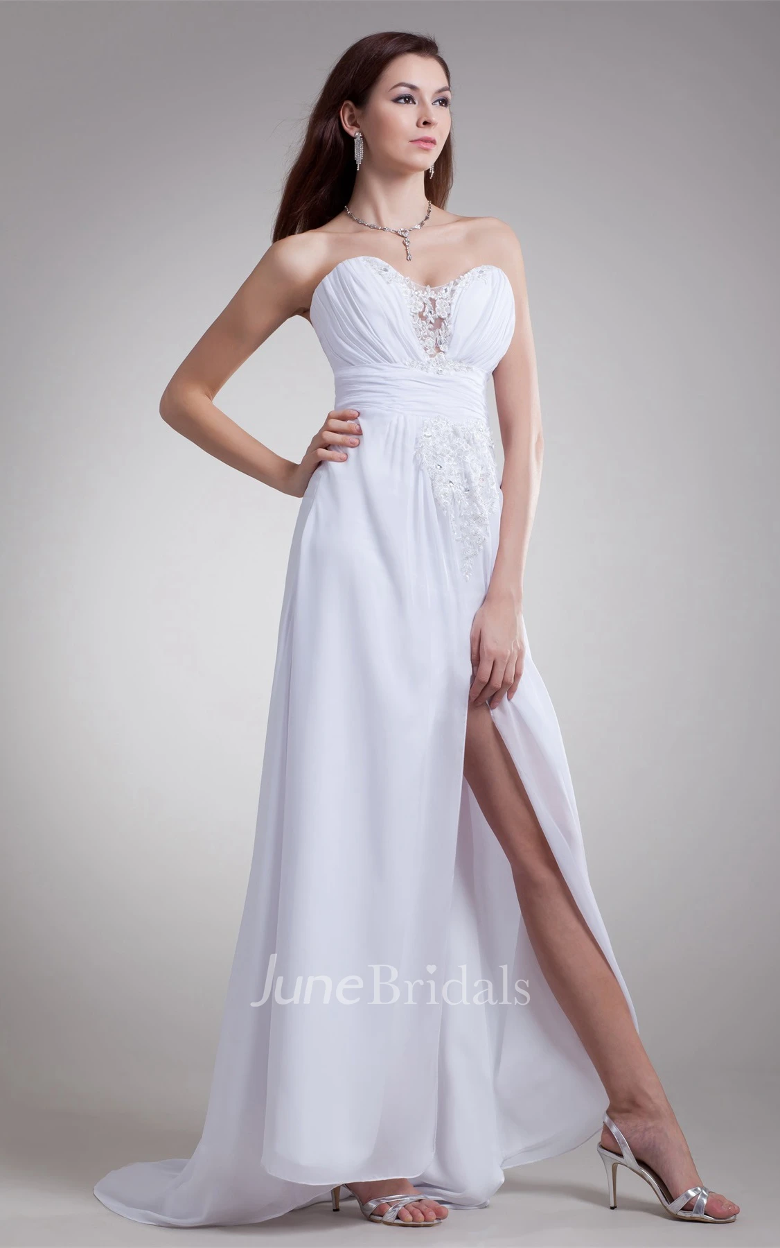 Chiffon Sweetheart Front-Split Dress with Lace and Beading