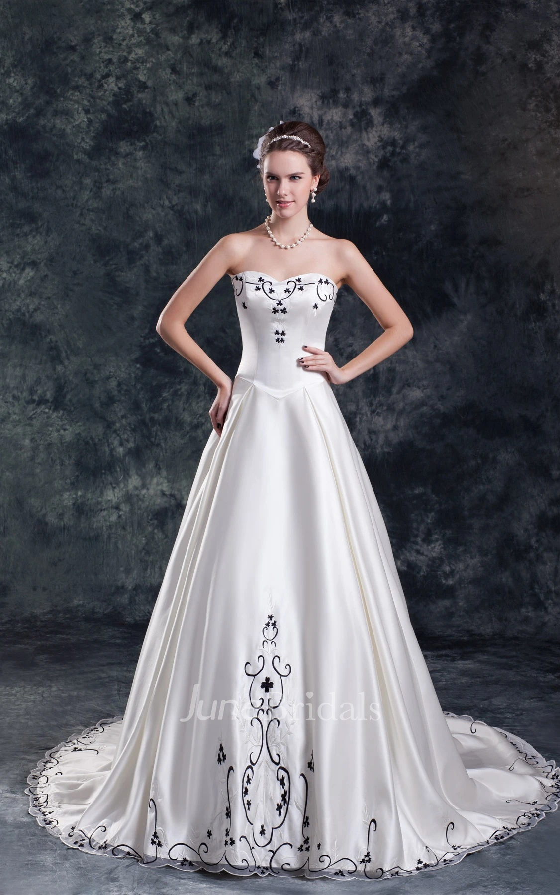 Strapless Satin Pleated Ball Gown with Embroideries