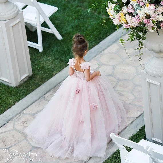 Delicate Pink Tulle Flowers Girl Pageant Dress Sweep Train