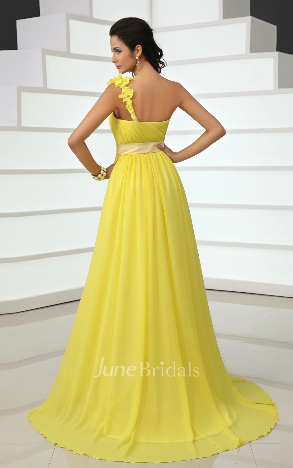 Asymmetrical One-Shoulder Floral Gown With Floral Sash