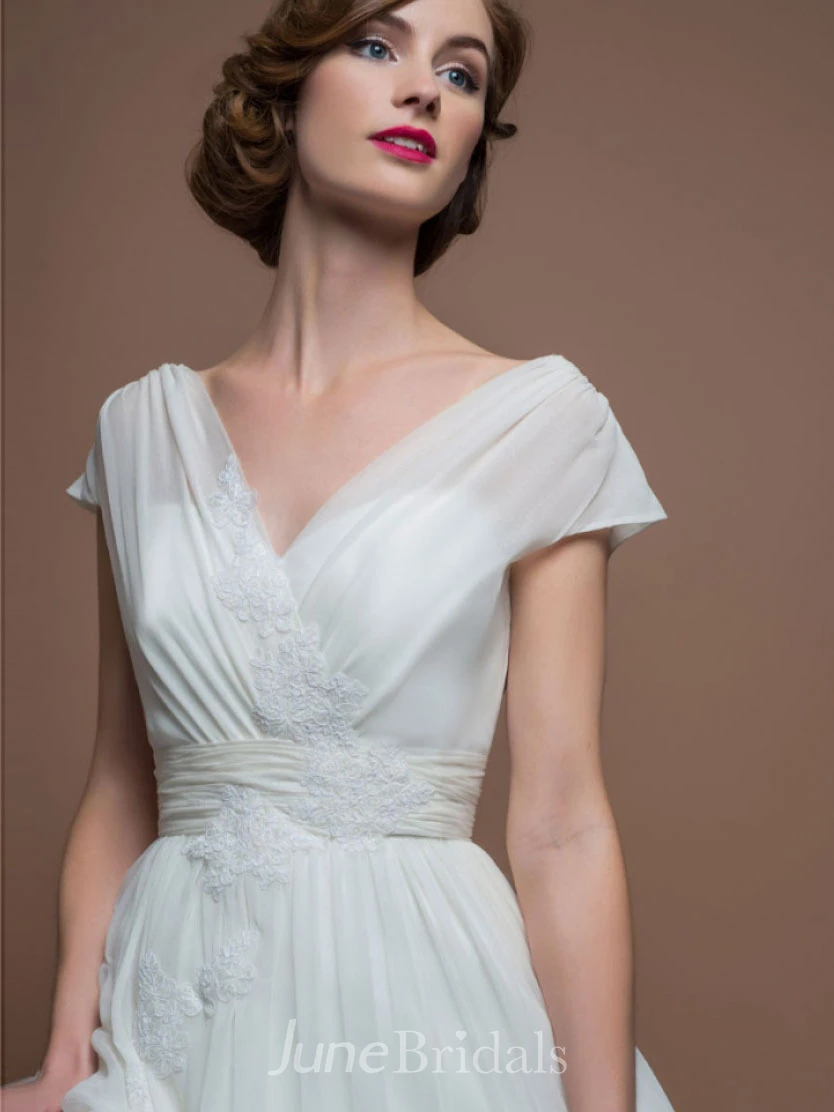 A-Line V-Neck Tea-Length Cap-Sleeve Appliqued Tulle Wedding Dress With Ruching