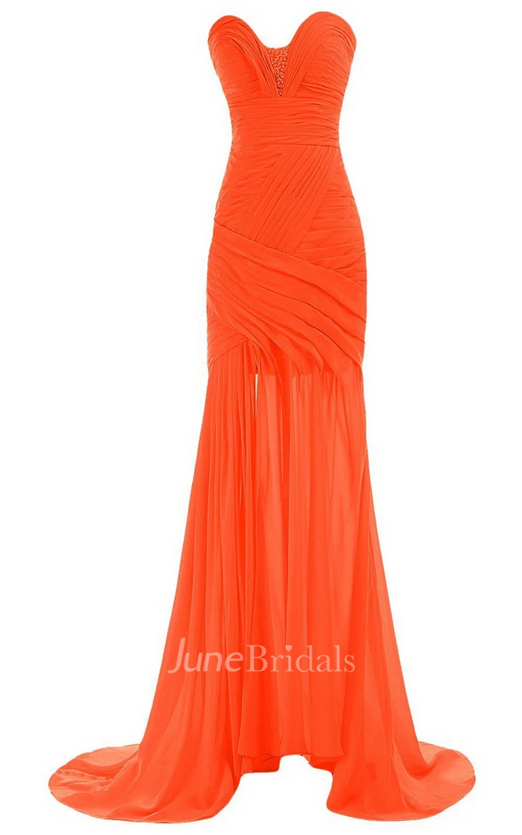 Sweetheart Sweep Train Gown With Ruching and Beading