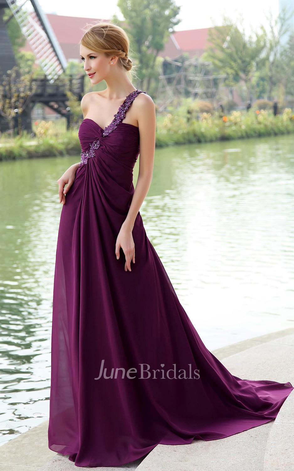 June Bridals Ethereal Chiffon Backless Maxi Dress with Floral Strap