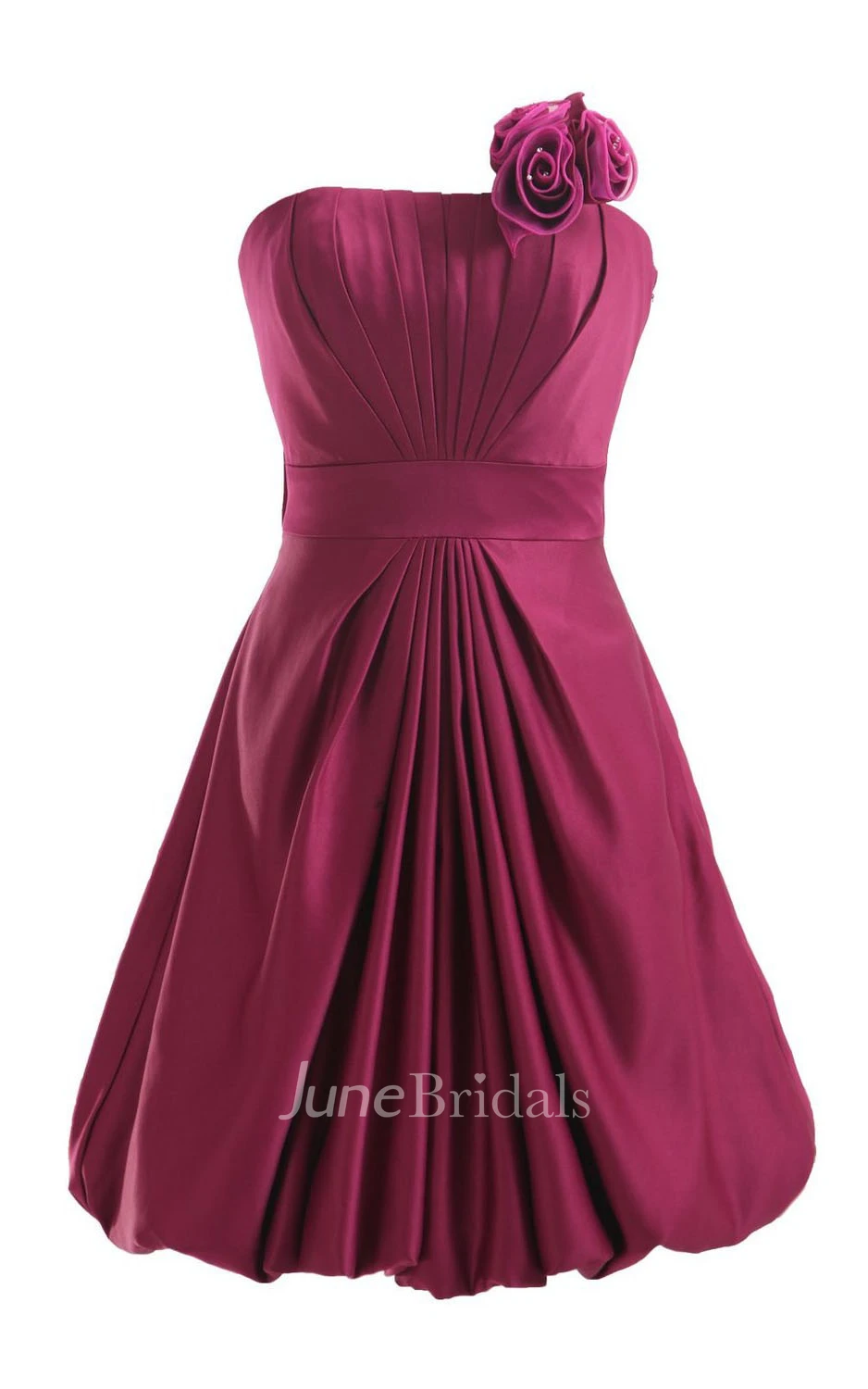 Strapless Appliqued Ruched Bodice Short Pleated Satin Dress