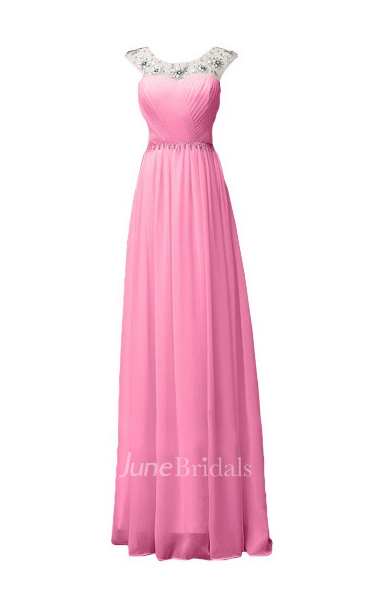 Sleeveless Long Ruffled Chiffon Dress With Beaded Neck