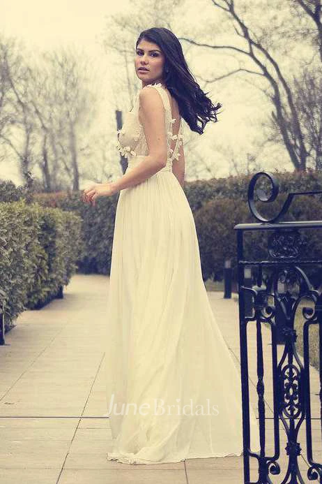 V-Neck Chiffon Floral Sash Ribbon Button Wedding Dress