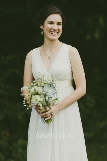 Plunging Chiffon Sleeveless Criss Cross Empire Wedding Gown With Low V-back