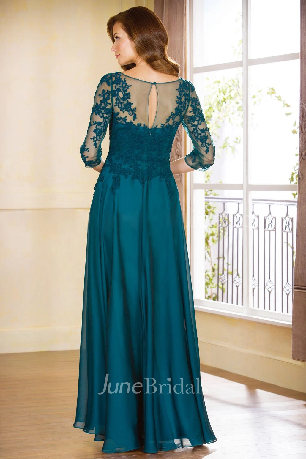 Bateau Illusion 3-4-sleeve Mother of the Bride Dress With Appliques