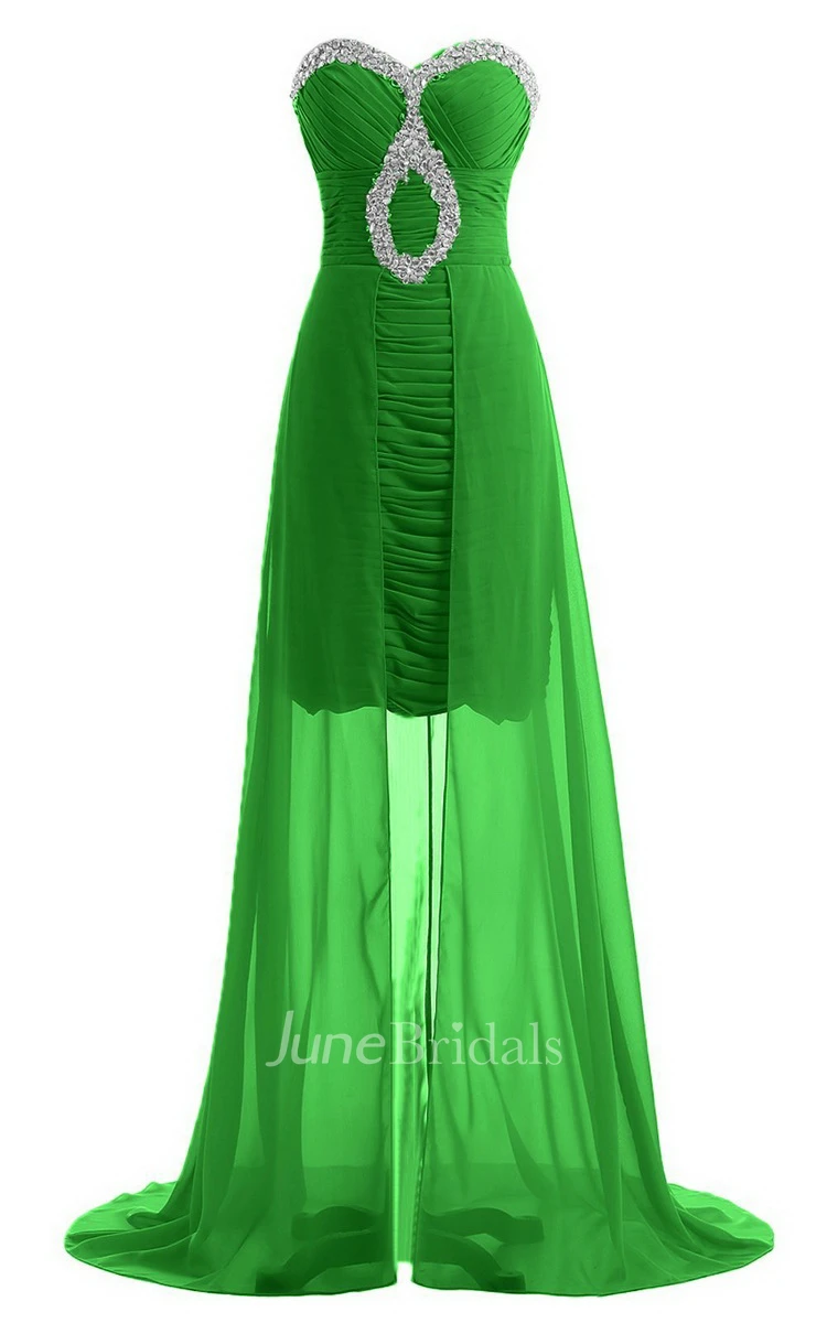 Sweetheart Long Chiffon Dress With Ruching and Sequins