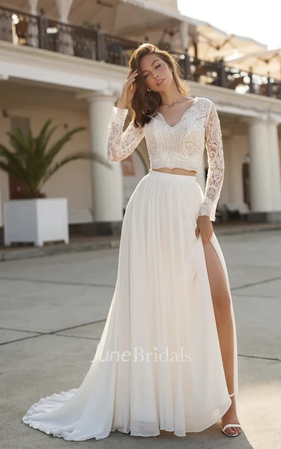 Vintage Floral Two Piece Boho A Line Long Sleeve Wedding Dress Casual Chic Lace Top Chiffon Beach City Hall Bridal Gown with Side Slit June Bridals