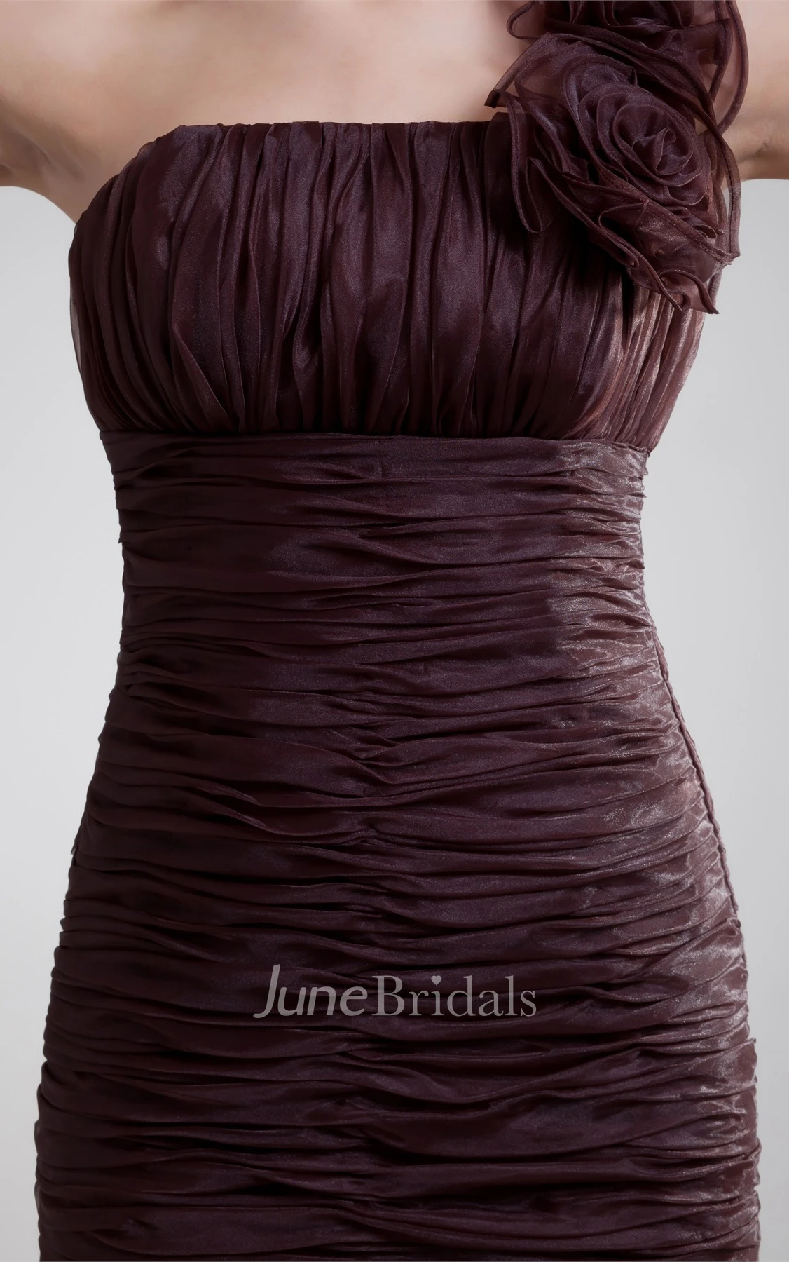 ruched floor-length column dress with brush train and floral strap