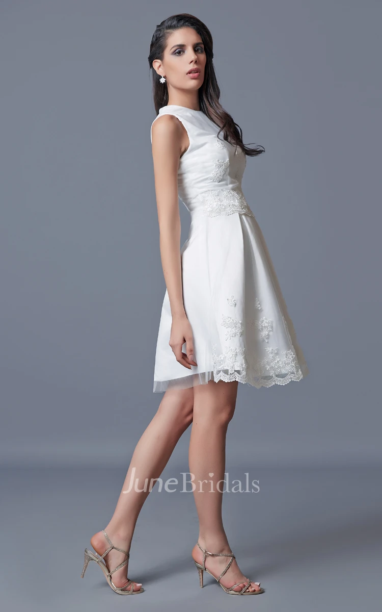 Jewel Neckline Short Satin Dress With Embroidery