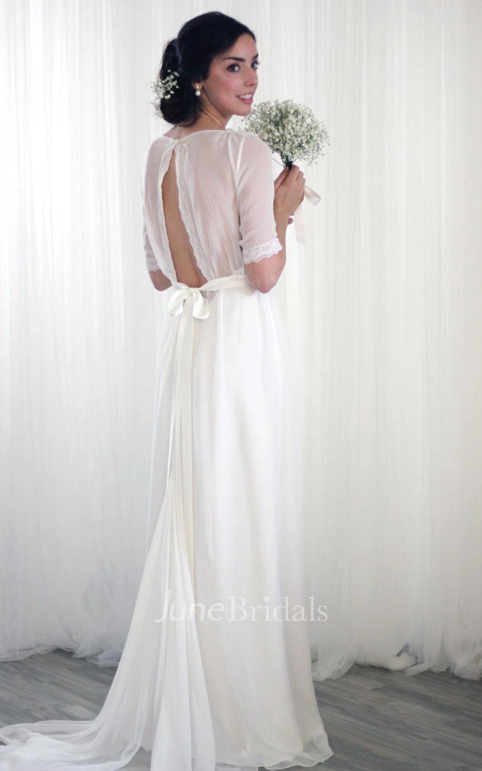Vintage Inspired Chiffon Long Wedding Dress With Half Sleeves