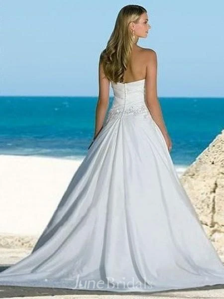 A-line Strapless Chapel Train Sleeveless Taffeta Beach Wedding Dresses for Brides