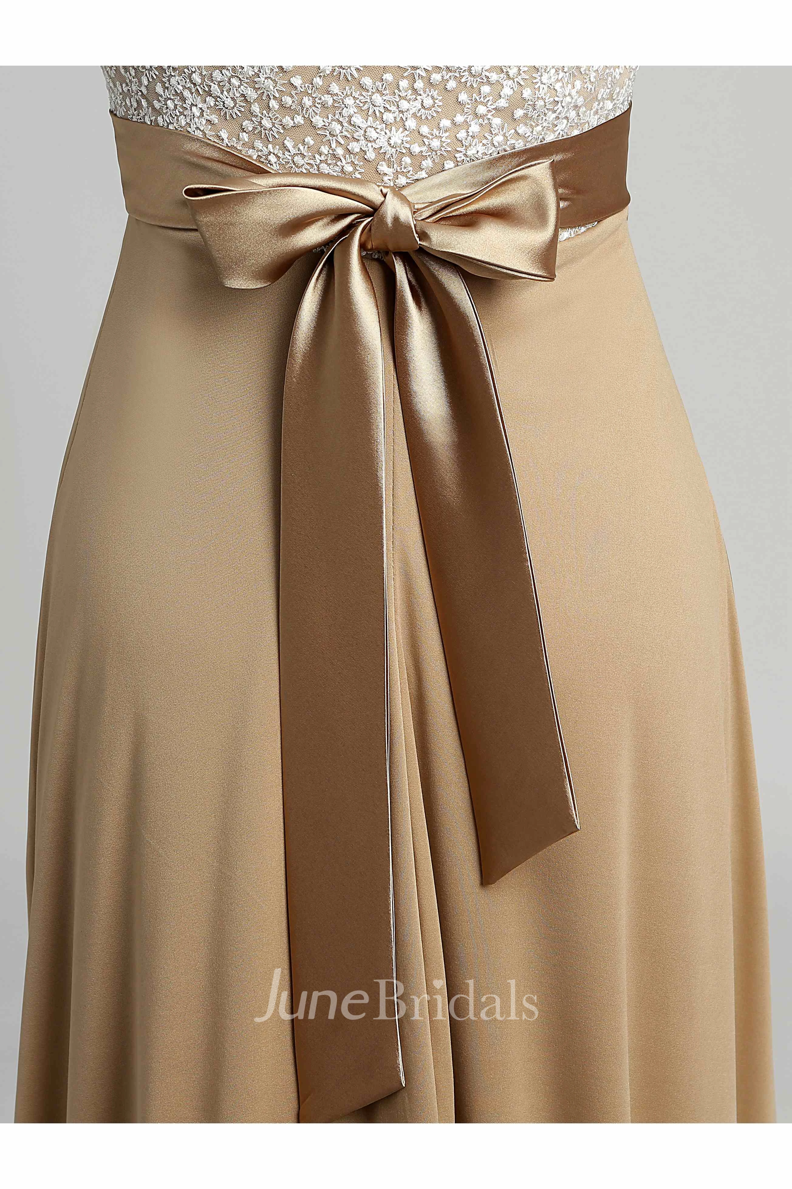 Floor-length A-line Bateau Cap Short Sleeve Illusion Jersey Lace Maternity Dress