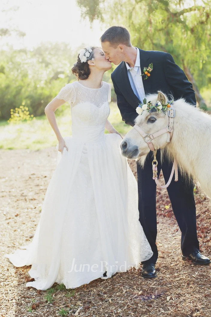 Jewel Short Sleeve Long Chiffon Wedding Dress With Sash And Low-V Back