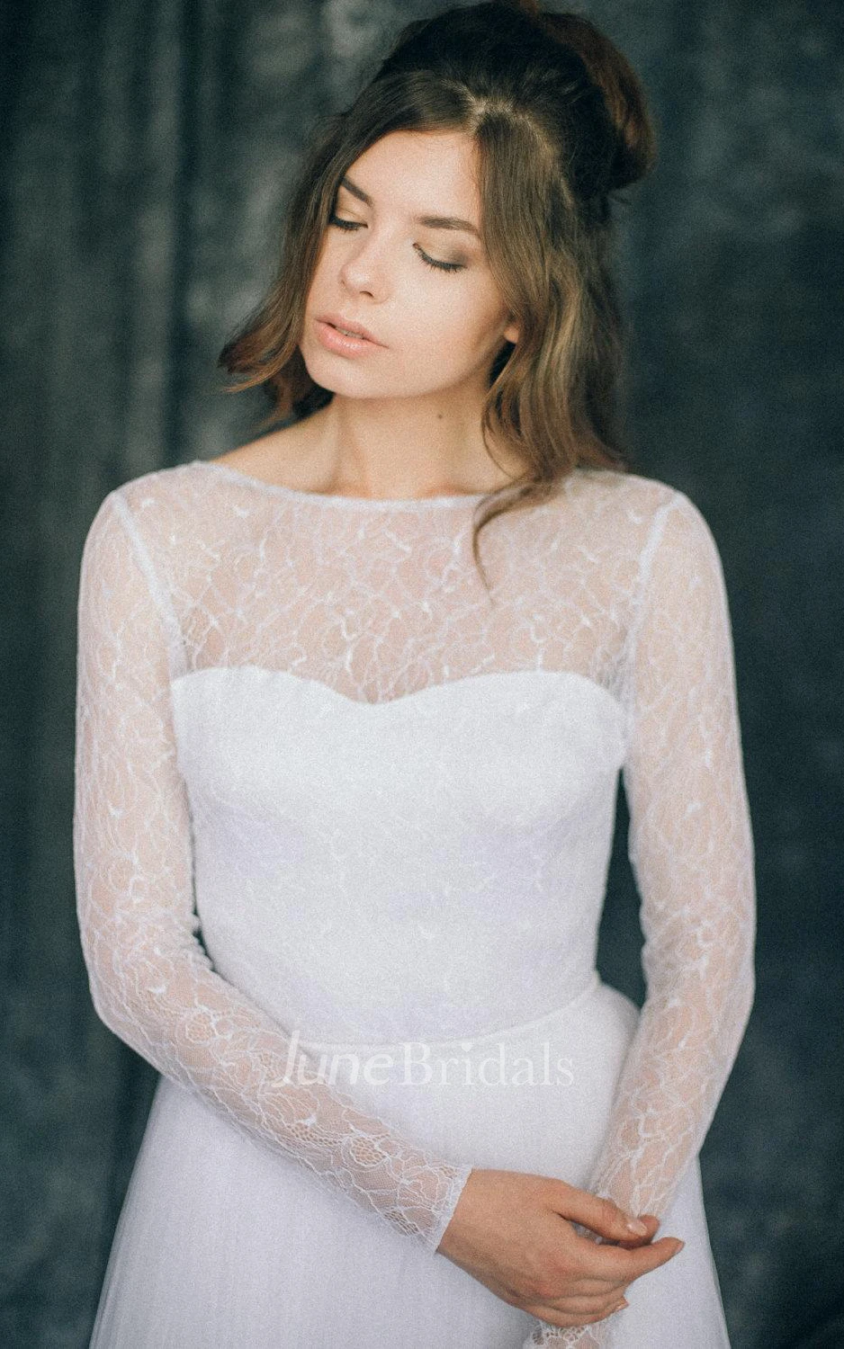 Long Sleeve Tulle Lace Satin Weddig Dress With Illusion