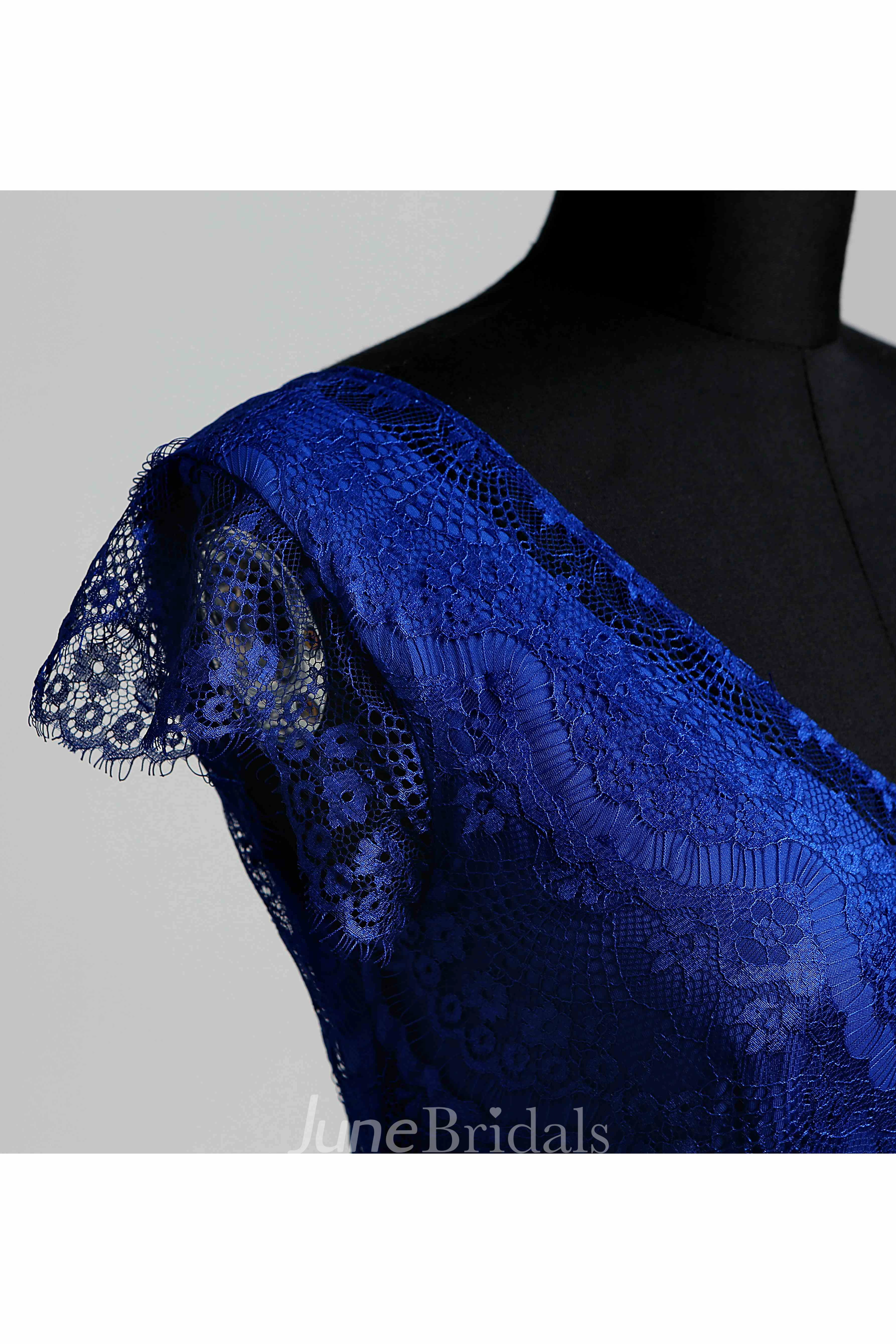 Floor-length A-line V-neck Cap Short Sleeve Low-V Back Lace Dress with Sweep/Brush Train