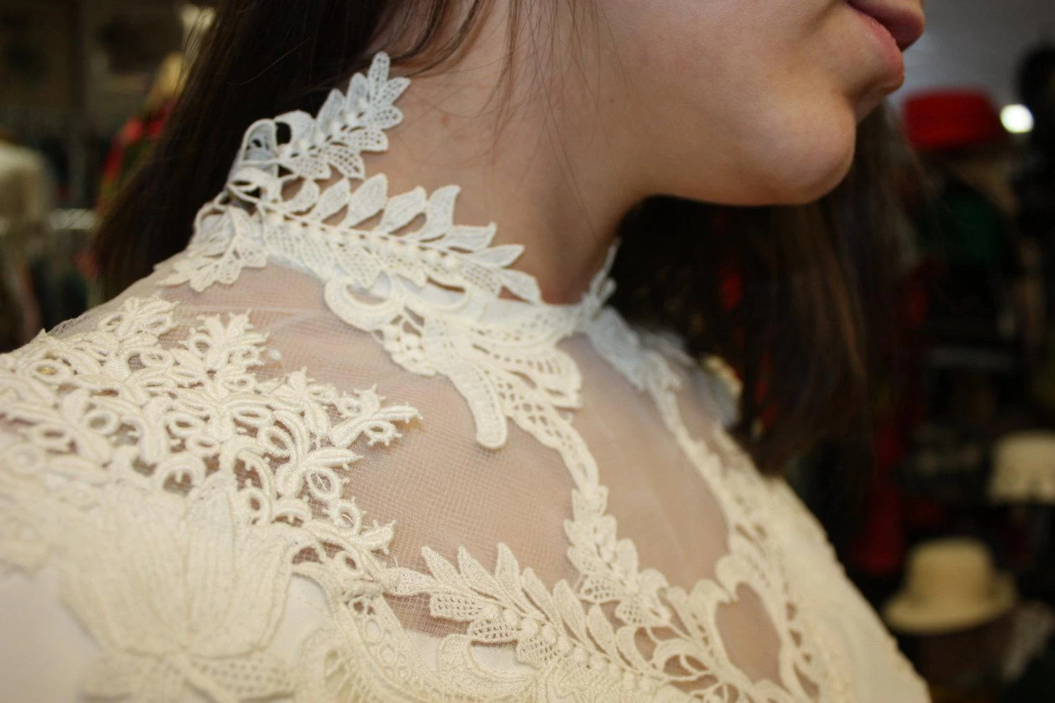 High Neck Cap Sleeve Tulle Wedding Dress With Lace Hemline