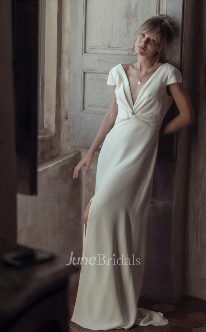 Satin A-Line V-neck Beach Warm Wedding Dress With Open Back And Appliques