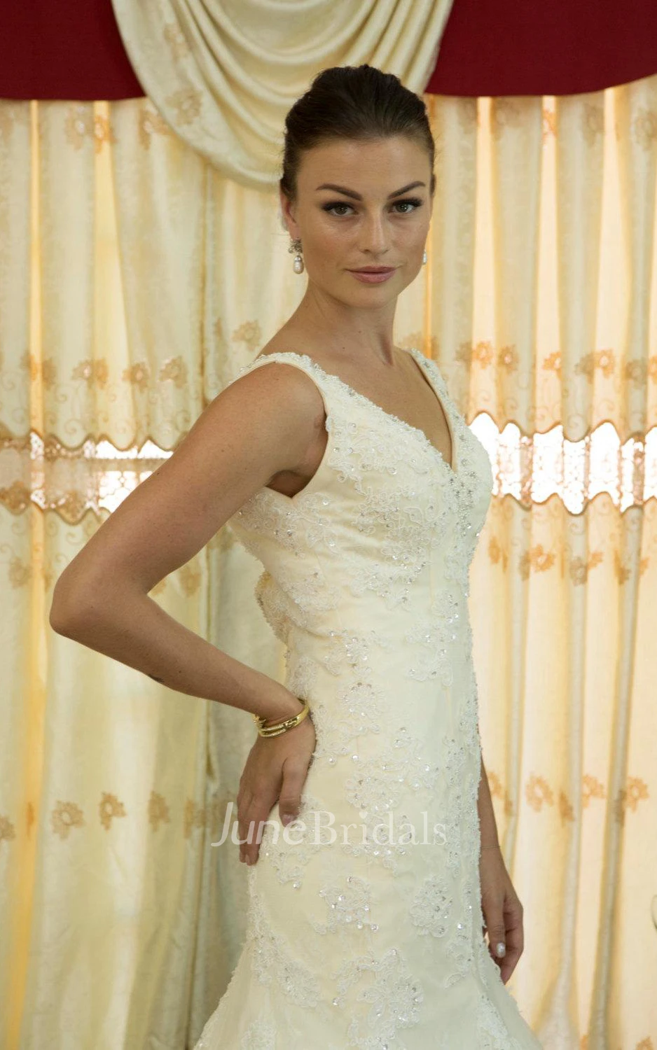 A-Line Off-The-Shoulder V-Neck Lace Dress With Beading Low-V Back