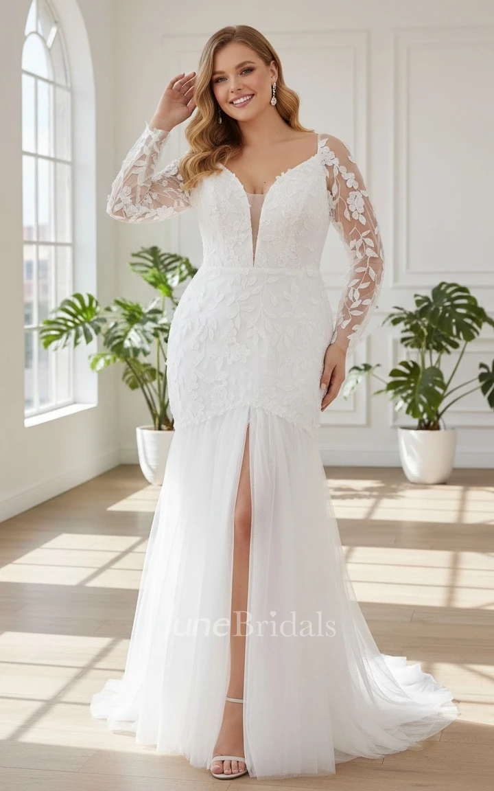 Mermaid Plus Size Long Sleeve V-neck Lace Spring Wedding Dress Backless with Train Garden