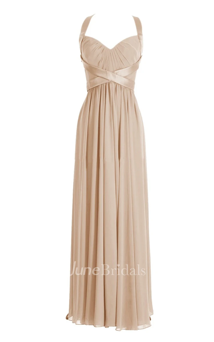 Halter Pleated Chiffon A-line Gown With Deep-v Back