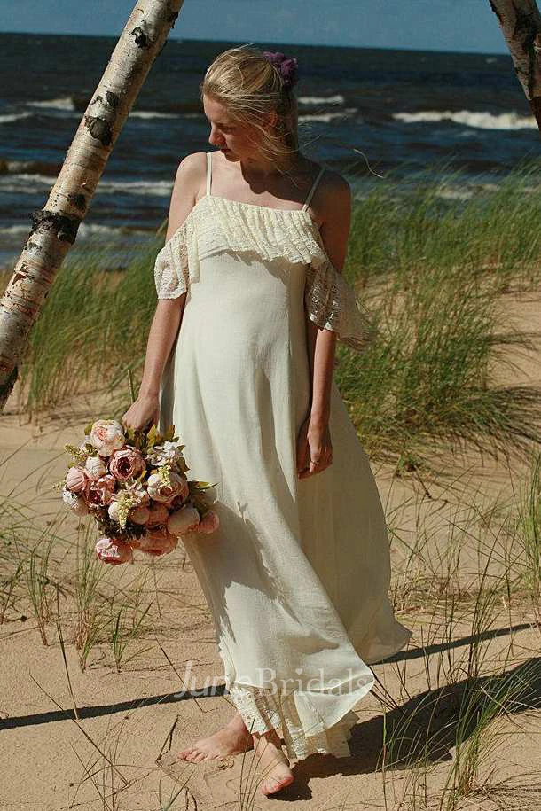 Spaghetti Boho Off-The-Shoulder Chiffon Lace Wedding Dress