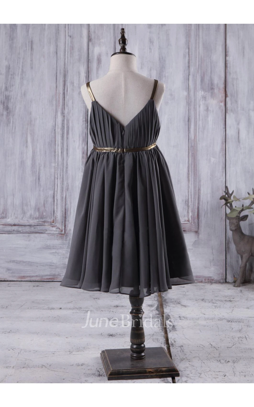 Charcoal Gray Spaghetti Strap a Line Knee Length Chiffon Flower Girl Dress