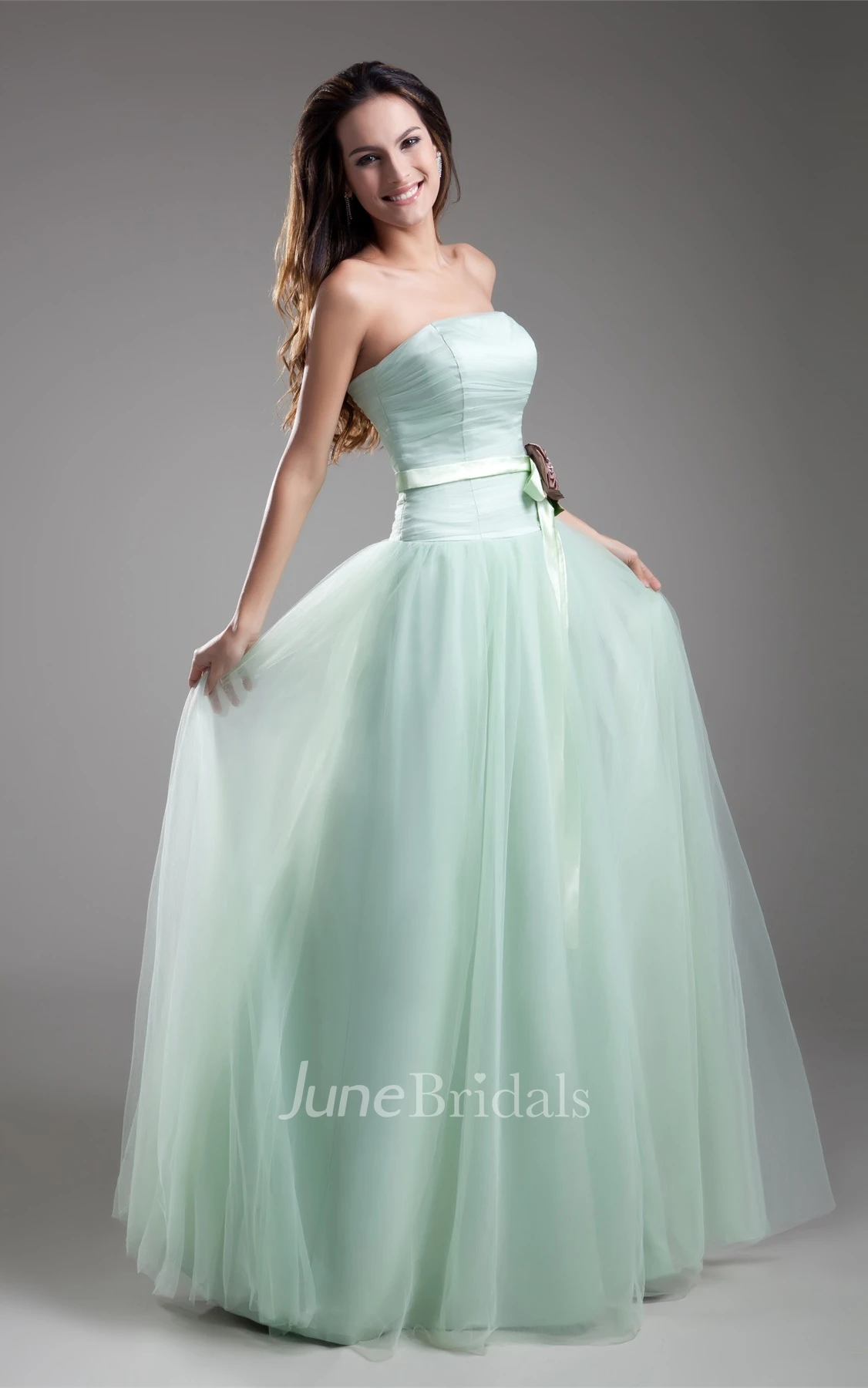 Strapless Chiffon A-Line Gown with Pleats and Flower