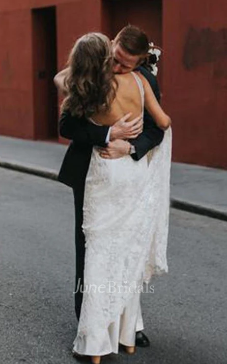 Sheath V-neck Lace Floor-length Chapel Train Sleeveless Wedding Dress