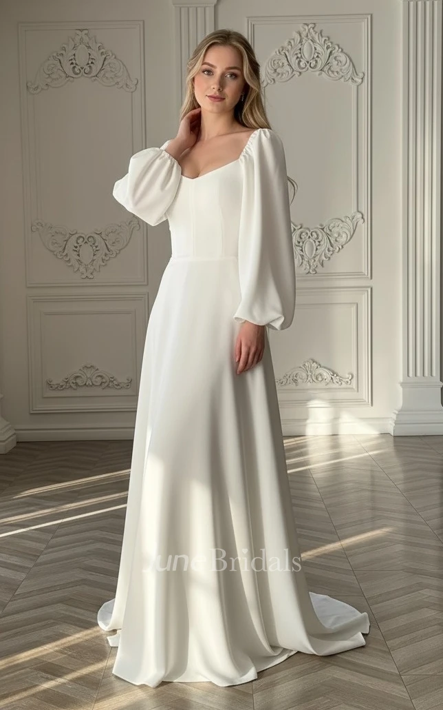 Elegant A-Line Square Neck Wedding Dress with Long Puff Sleeves Lace-Up Back Bridal Gown for Ceremony