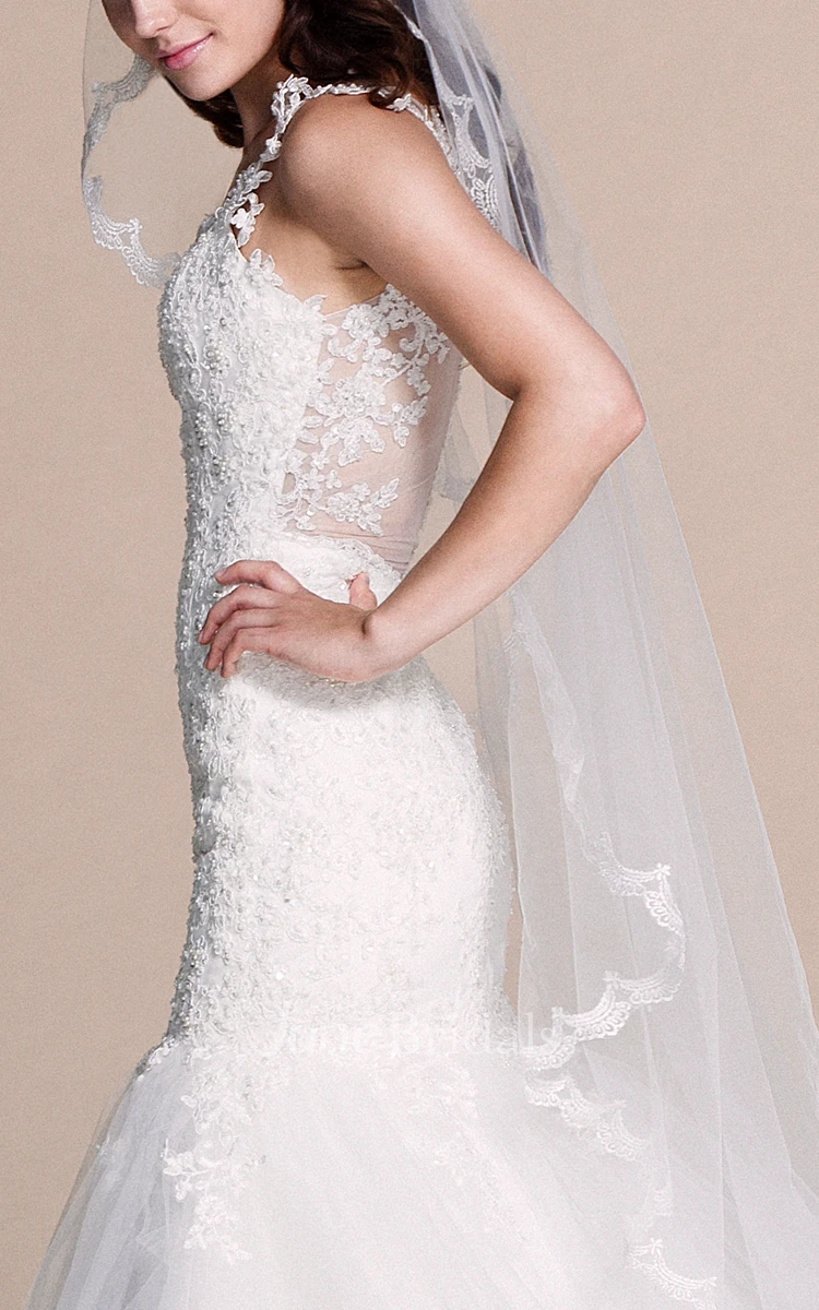 Strapped Sheath Appliqued Long Dress With Beadings