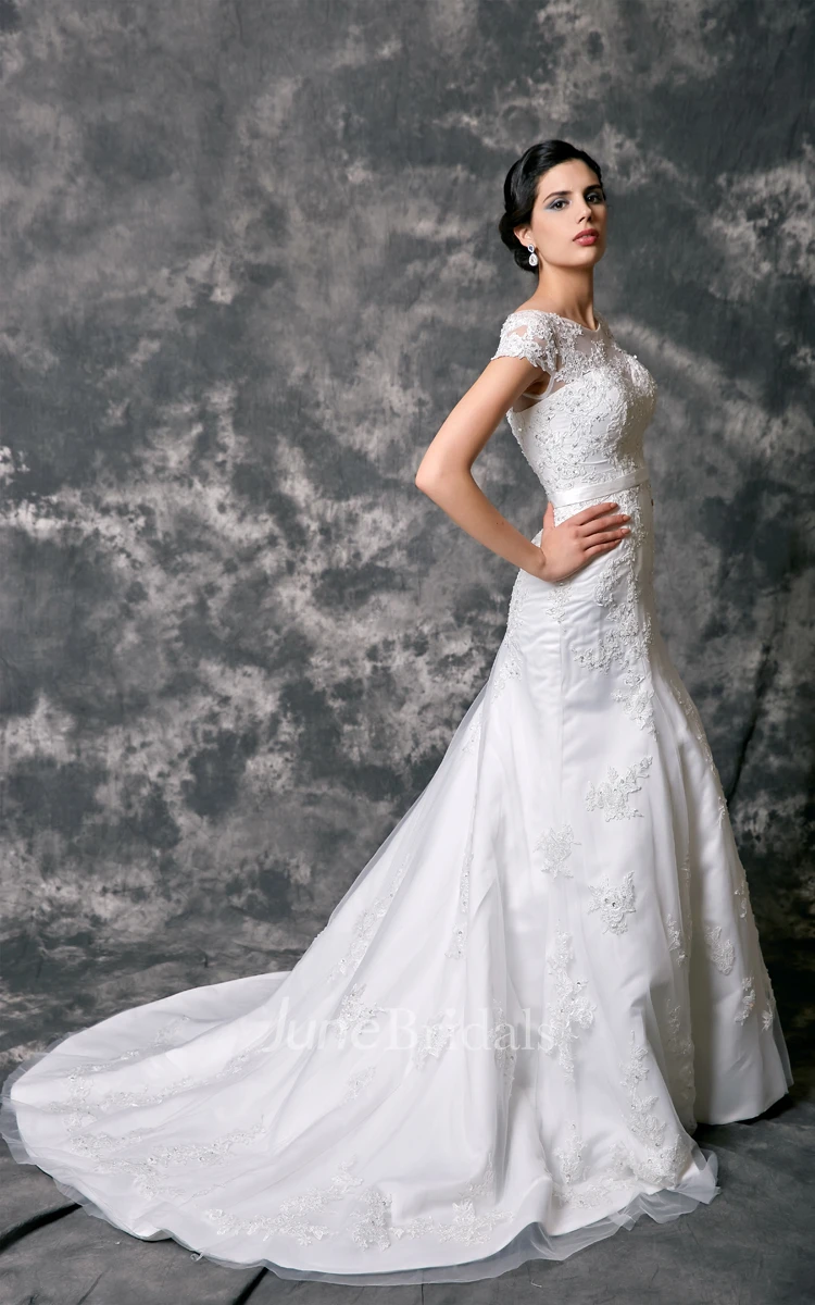 Cap Sleeve High Neck Beaded Lace Wedding Dress