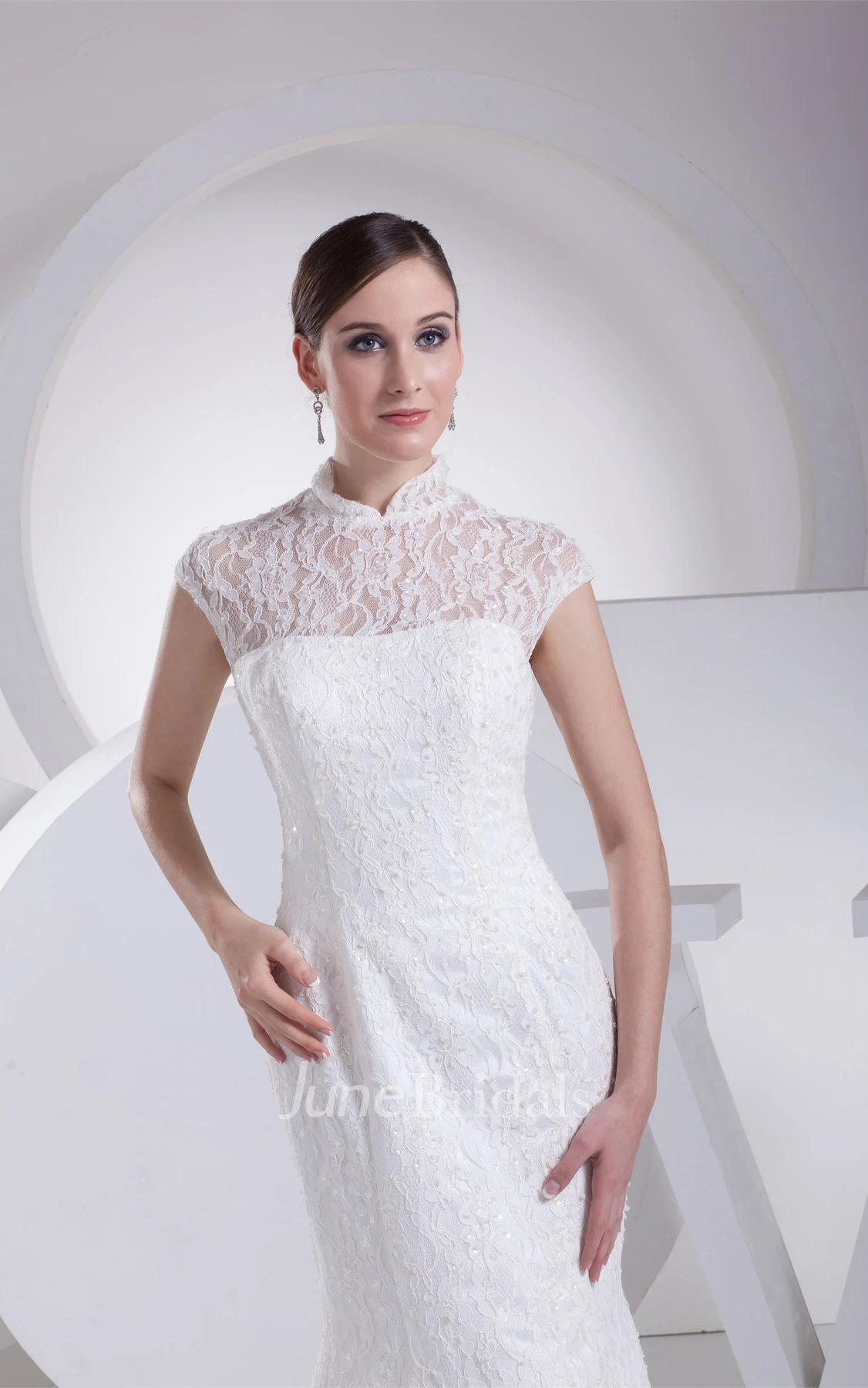 Lace Mermaid Pleated Dress with Illusion Neckline and Brush Train