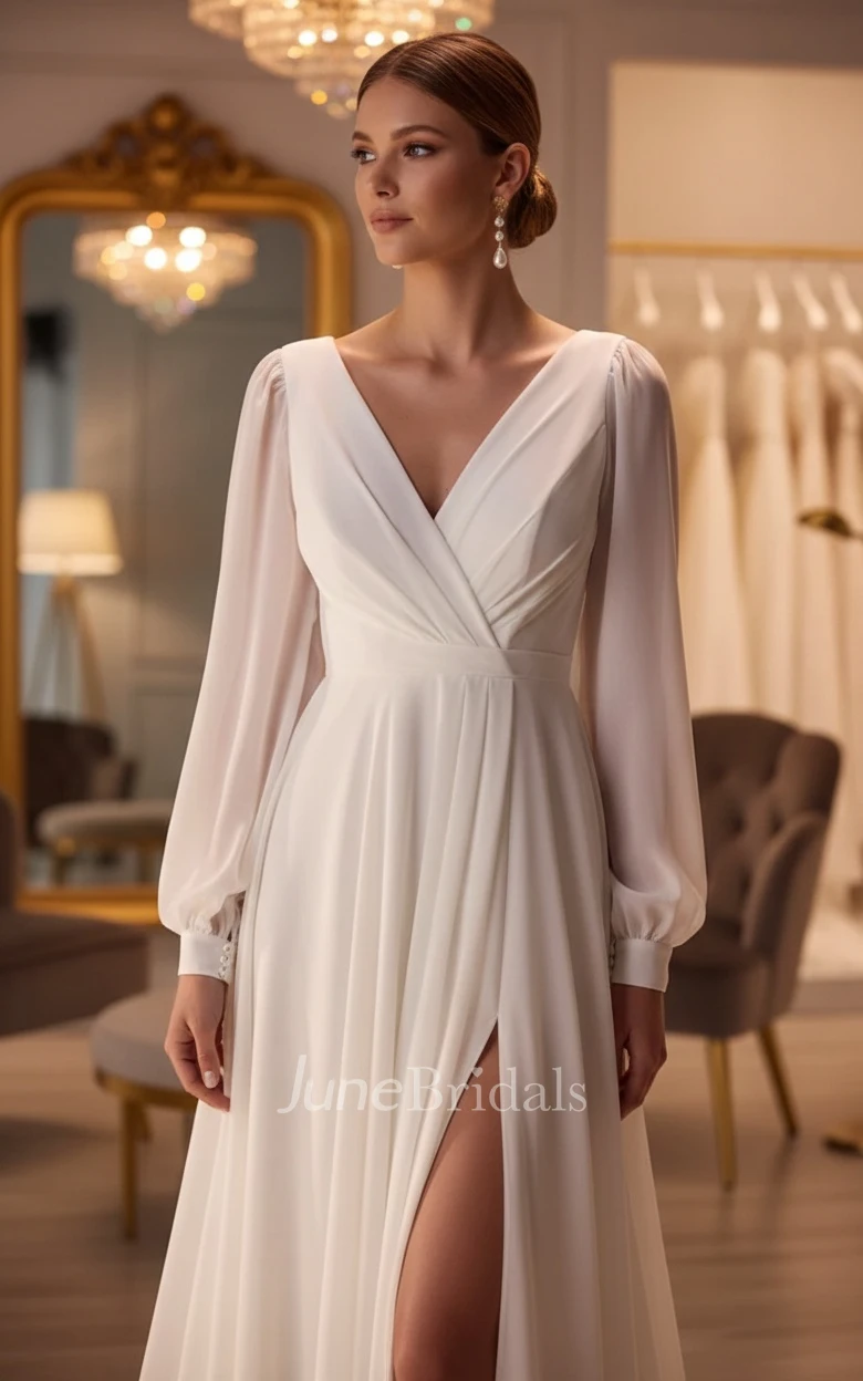 Simple Long Sleeve A-Line Chiffon Wedding Dress Maxi V-Neck Civil Bridal Gown with Slit
