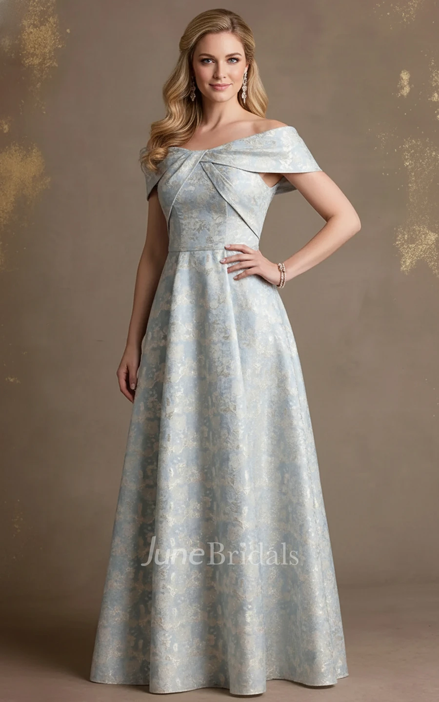 A Line Off Shoulder Floor Length MOB Dress Floral Jacquard Formal Evening Gown with Structured Bodice