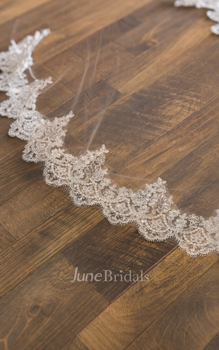 Modern Sparkly Boho Lace Sequins Tulle Two Tier Cathedral Length WeddingVeils with Comb